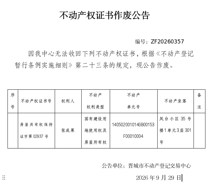 不动产权证书作废公告（一千五百八十九）20260357(图1)