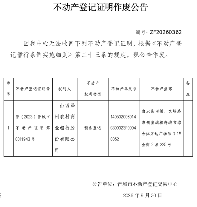 不动产登记证明作废公告（一千五百九十四）20260362(图1)