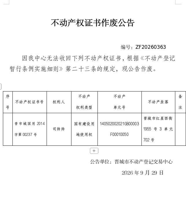 不动产权证书作废公告（一千五百九十五）20260363(图1)