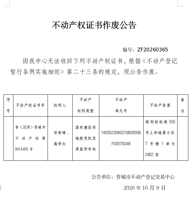 不动产权证书作废公告（一千五百九十七）20260365(图1)