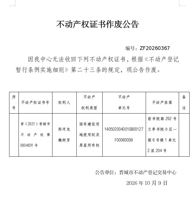 不动产权证书作废公告（一千五百九十九）20260367(图1)