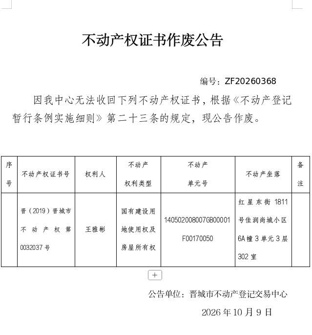 不动产权证书作废公告（一千六百）20260368(图1)