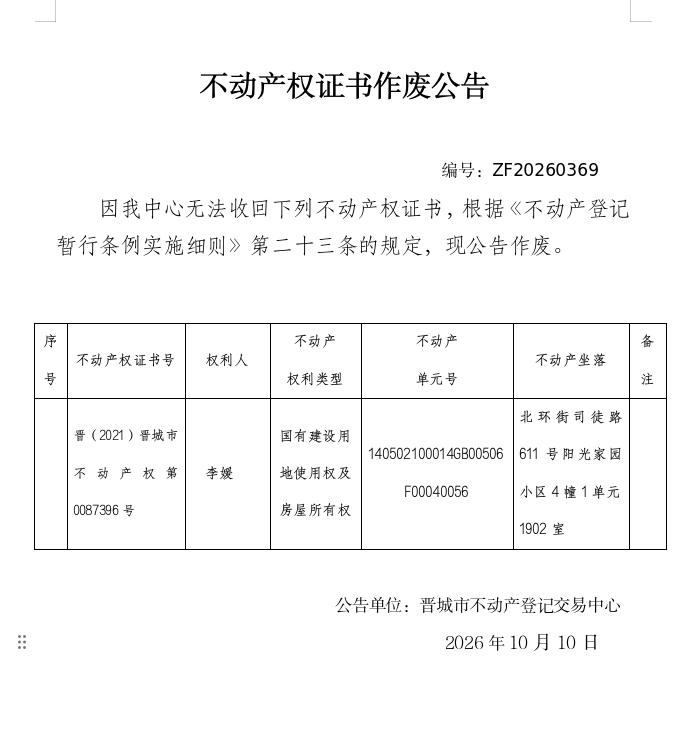 不动产权证书作废公告（一千六百零一）20260369(图1)