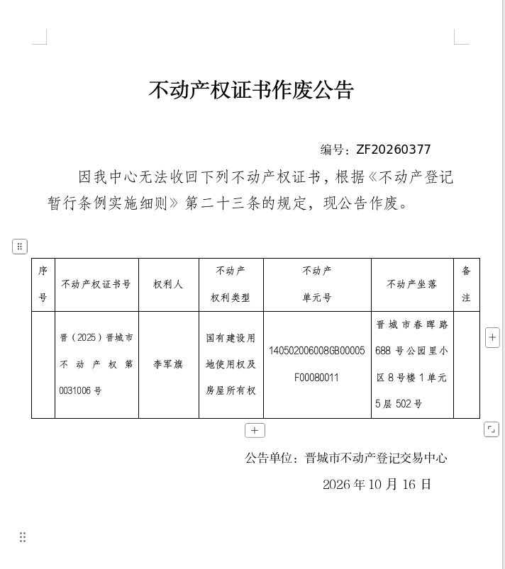 不动产登记证明作废公告（一千六百零九）20260377(图1)