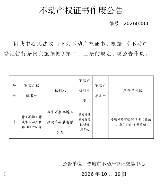 不动产权证书作废公告（一千六百一十五）20260382(图1)