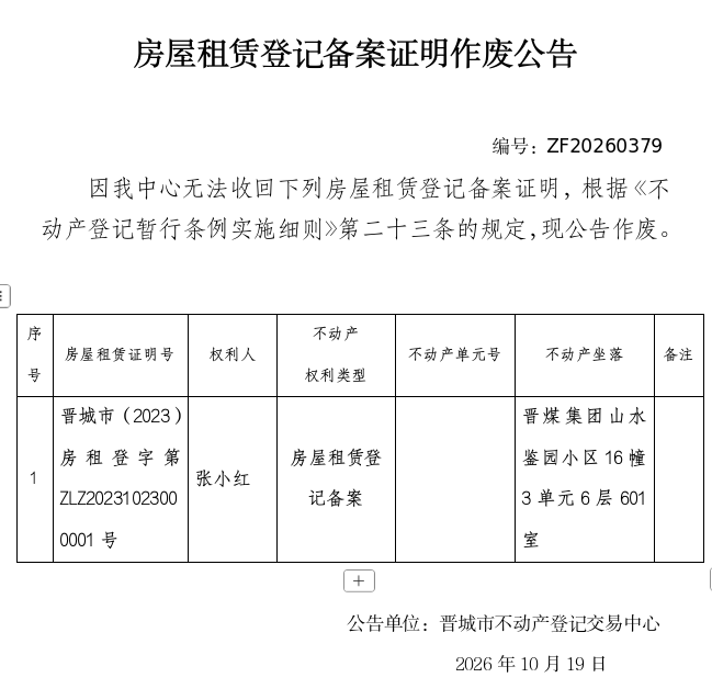 房屋租赁登记备案证明作废公告（一千六百一十一）20260379(图1)