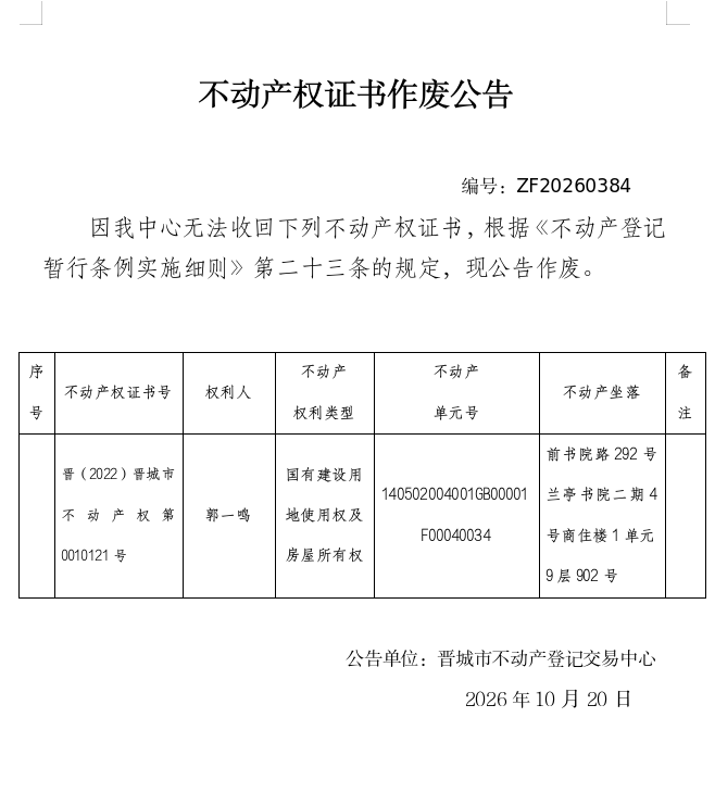 不动产权证书作废公告（一千六百一十六）20260384(图1)
