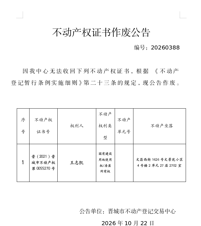 不动产权证书作废公告（一千六百二十）20260388(图1)