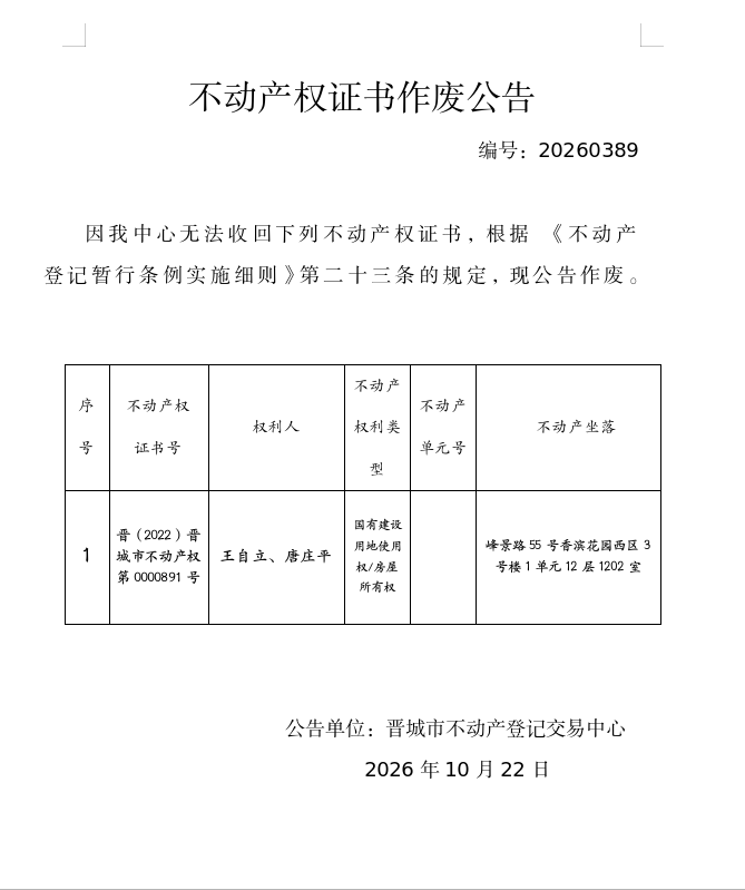 不动产权证书作废公告（一千六百二十一）20260389(图1)