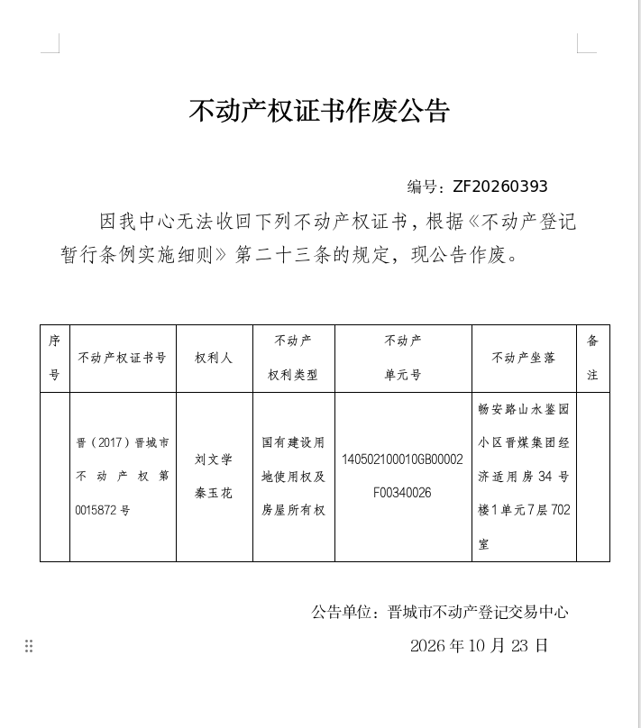 不动产权证书作废公告（一千六百二十五）20260393(图1)
