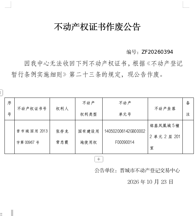 不动产权证书作废公告（一千六百二十六）20260394(图1)